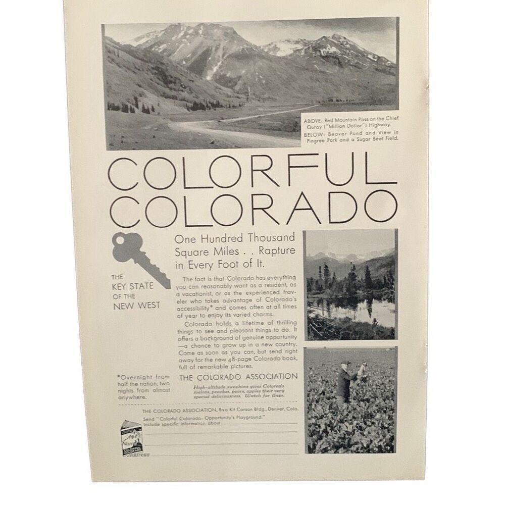 Vintage 1930 Colorado Colorful Key State of The New West Ad Advertisement